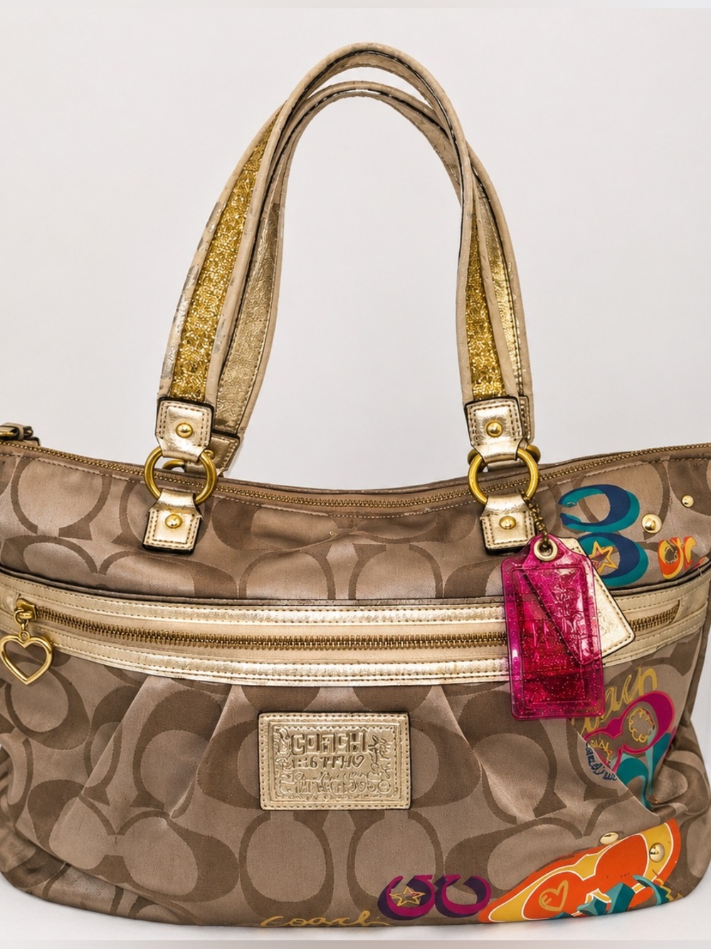 Coach Tan Signature Canvas Shoulder Bag with Gold Hardware, Glitters Pink Charm - Picture 2 of 7
